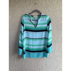 MICHAEL KORS Chiffon V-Neck Green Teal Black Stripe Long SL Woman’s Med. Blouse